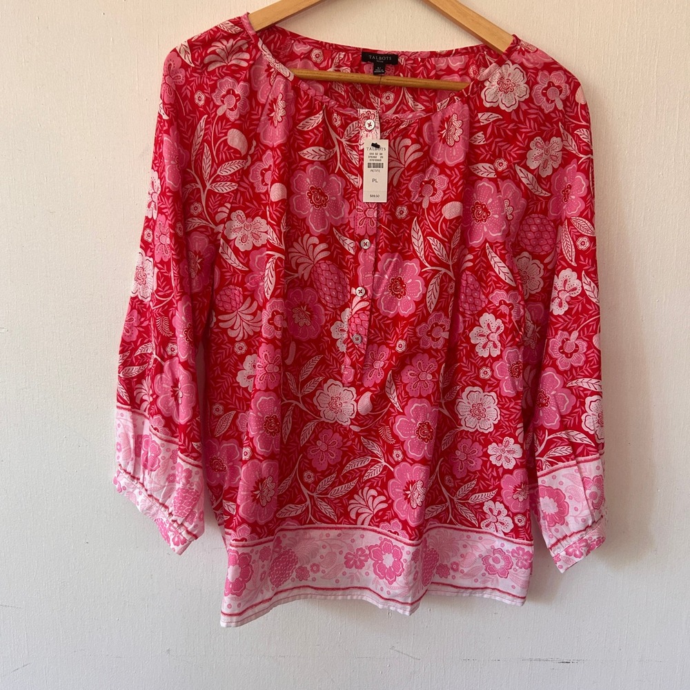 Talbots Floral Blouse Women PL Pink Red Cotton Peasant Top Cottagecore Garden